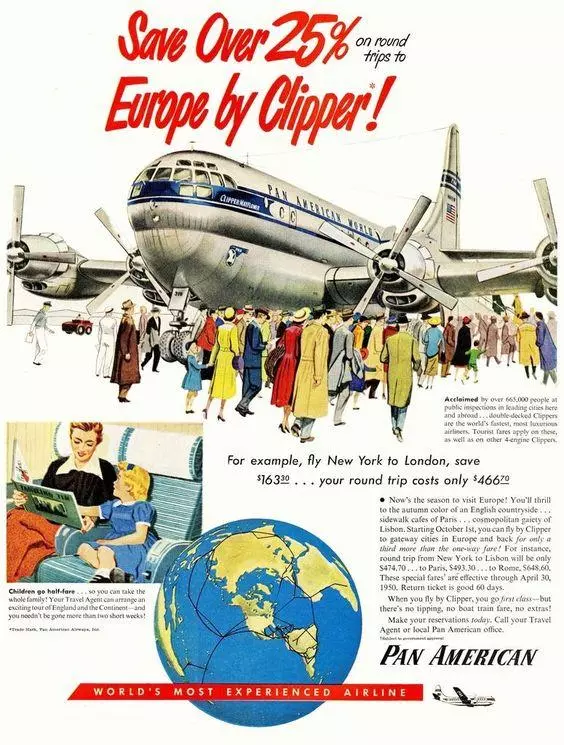 pan american service to europe by clipper plane vintage poster