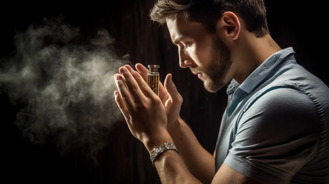 man exploring perfume samples