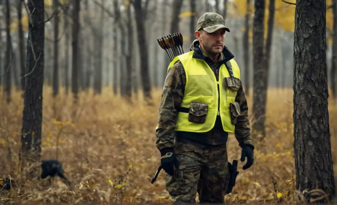 a hunter in the woods with a quiver of arrows and a handgun