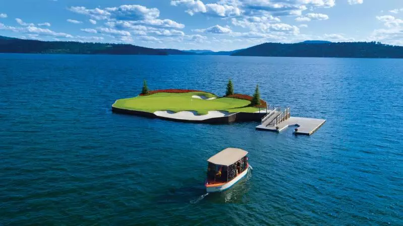 Coeur d'Alene Resort golf course floating green with putter boat