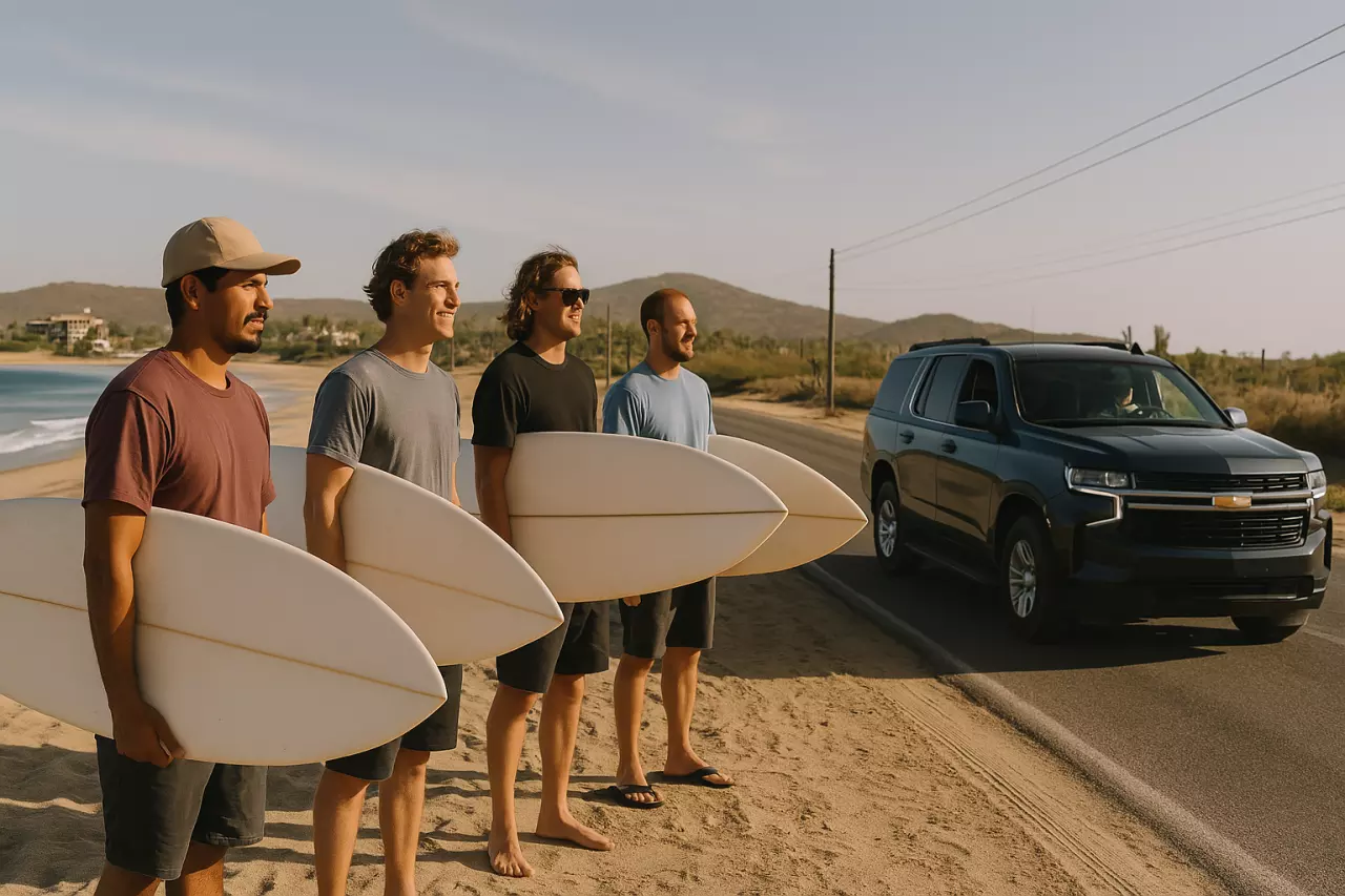 group of men on a surf road trip to baja mexico