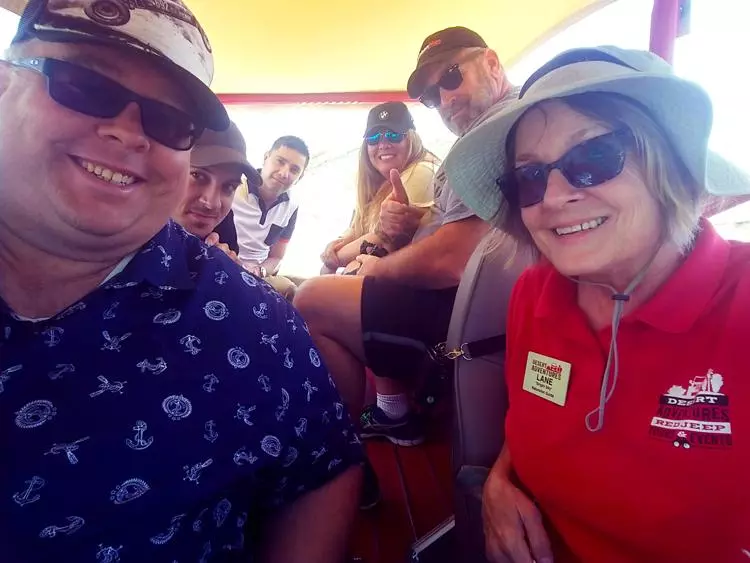 selfie in red jeep tour