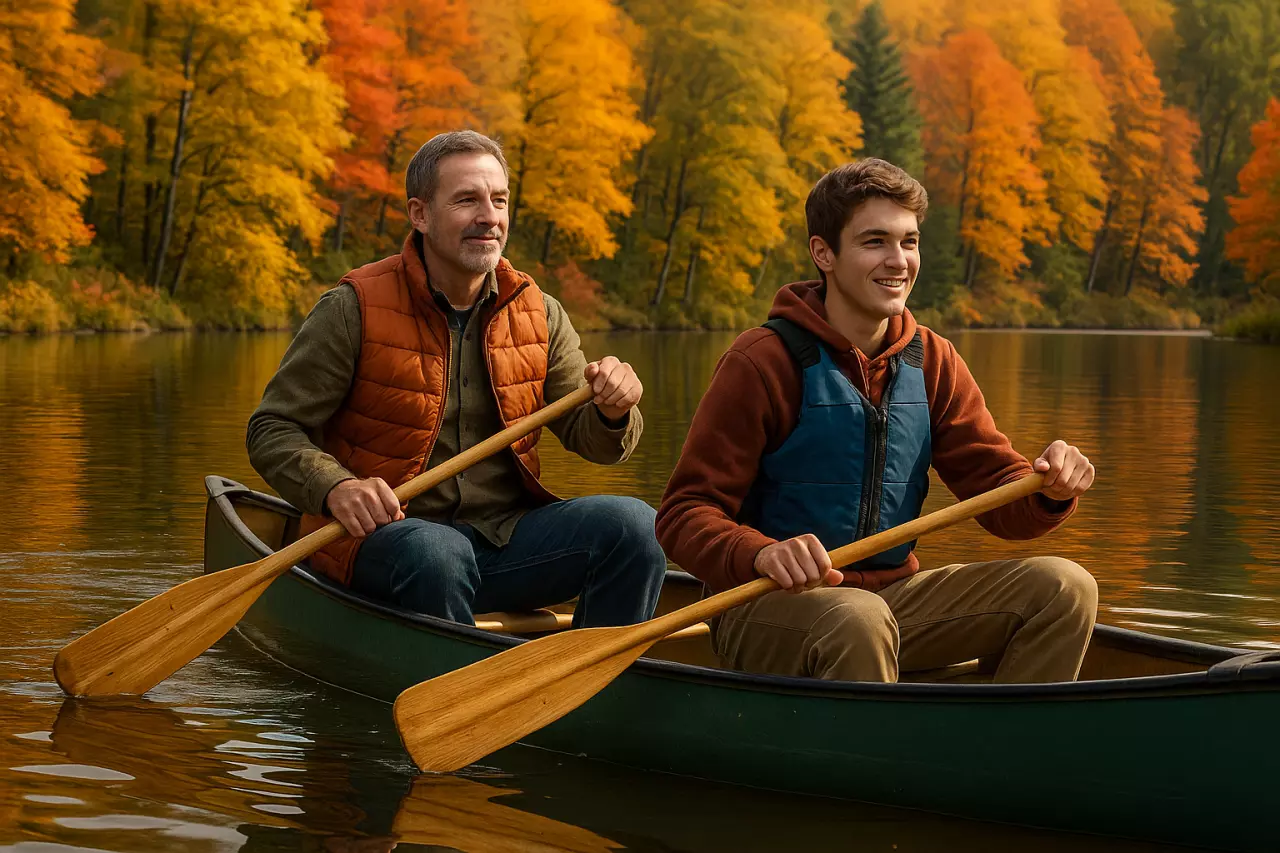 Father and son canoe trip exploring fall colors
