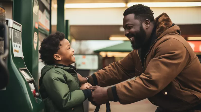 child helping dad with refilling gas on a road trip