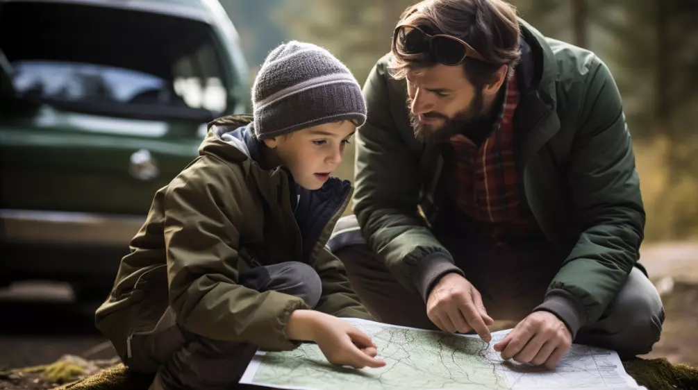 father and son planning a road trip together