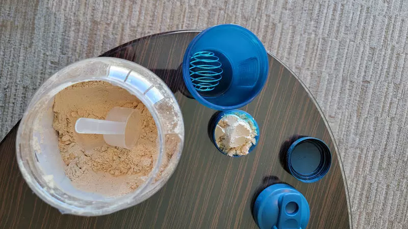 protein shake on table in room