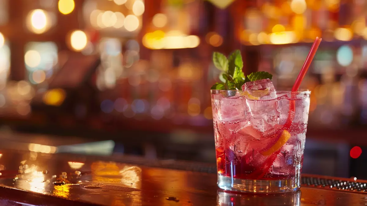 cocktail on bar top - avoid dyes and carbonation to help avoid a hangover