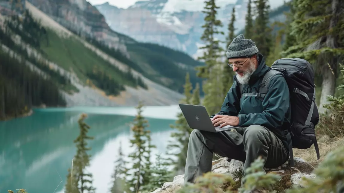digital nomad working while hiking