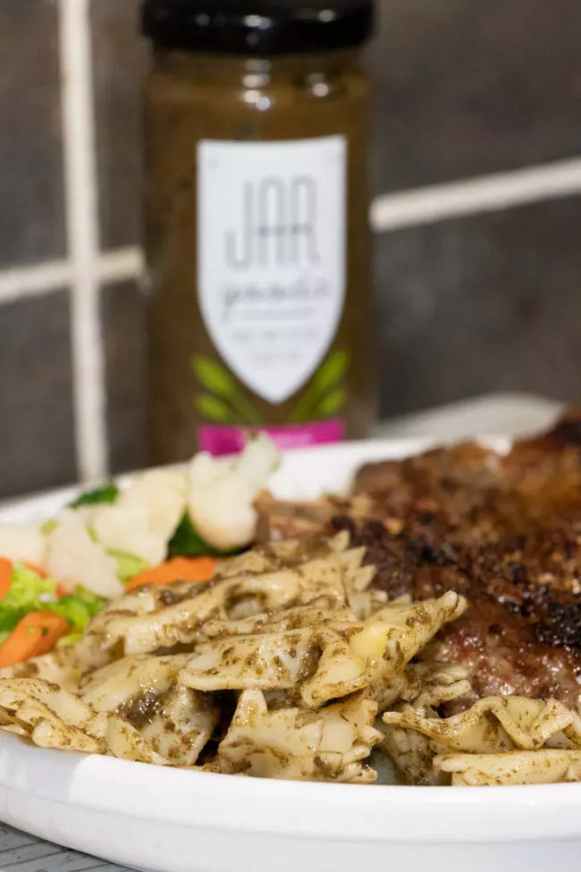 pesto jar sauce with steak