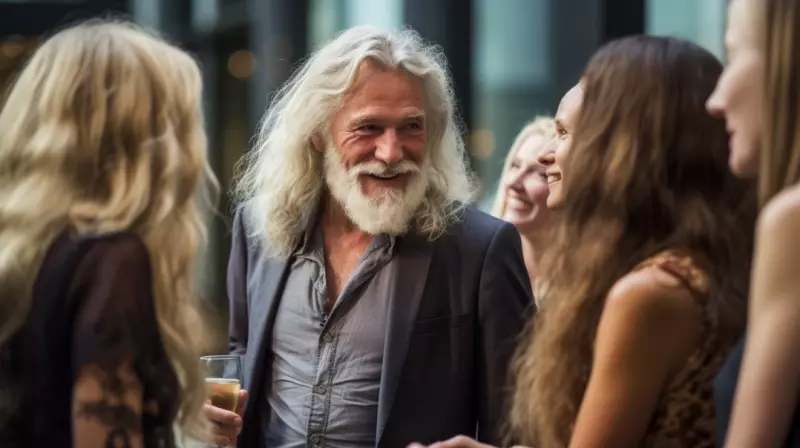 older very handsom man with long blond hair with ladies