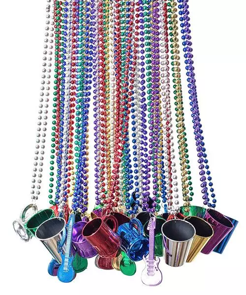 mardi gras beads with shot glasses guitars and mugs perfect for party favors