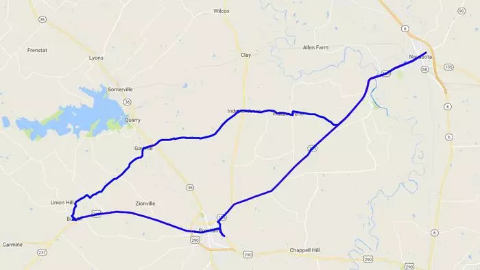 novasota burton texas motorcycle trip map
