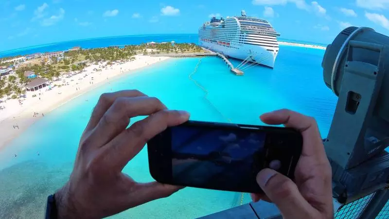 view of msc world america cruise ship from lighthouse on ocean cay