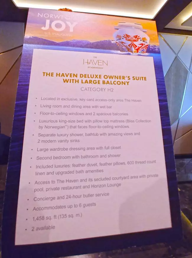 whats included in norwegian joy haven deluxe owners suite