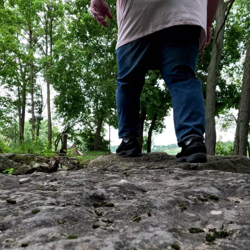 walking in the woods on rocks