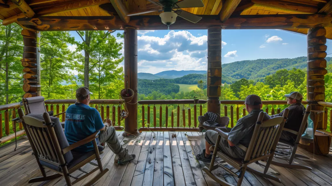 guys relaxing on the porch of a smoky mountains cabin rental