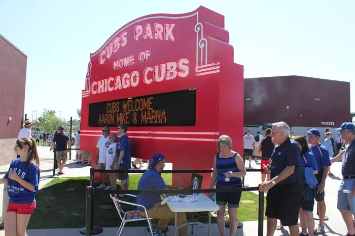 photos in front of Cubs Park - Wrigley Field sign in Mesa Arizona