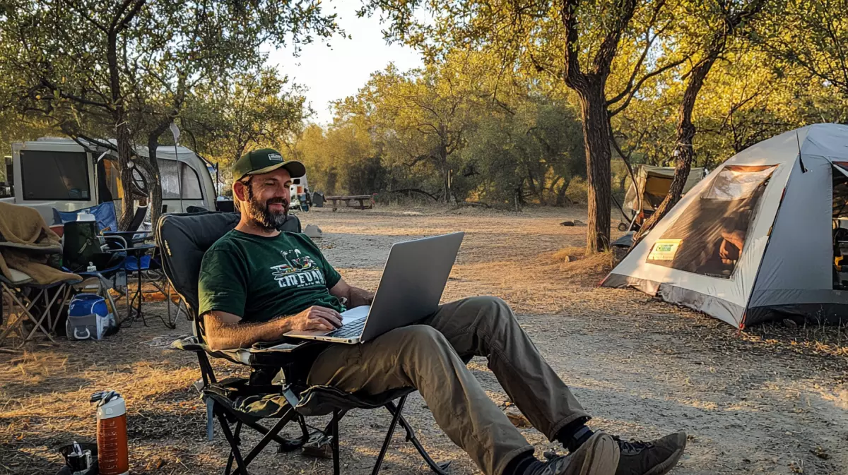 man working on a novel while traveling on a road trip