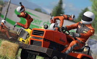 Demolition derby with a lawn mower in Wreckfest racing game.