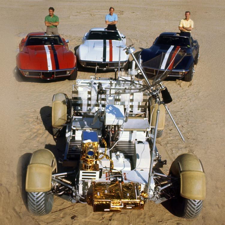 apollo 15 nasa astronauts posing with moon buggy and corvette