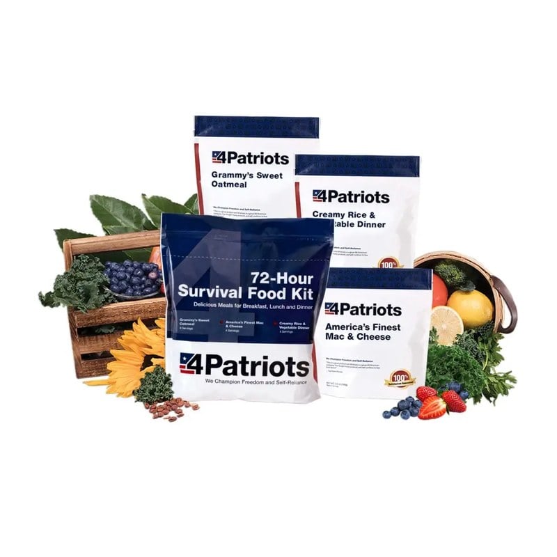 4Patriots 72-Hour Survival Food Kit with pouches of oatmeal, mac and cheese and rice and vegetable dinner