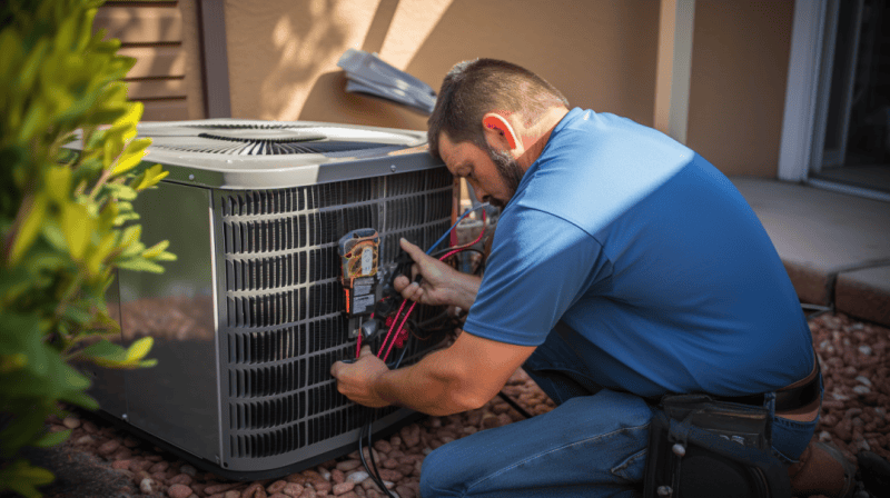 air conditioner repair man fixing the outside unit