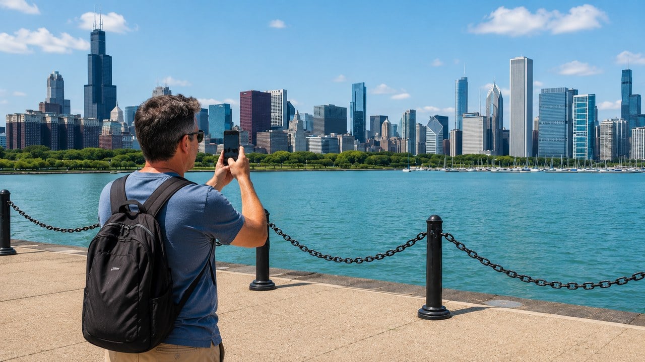 Traveler taking a phone photo of the Chicago skyline from the lakefront with sailboats in the harbor