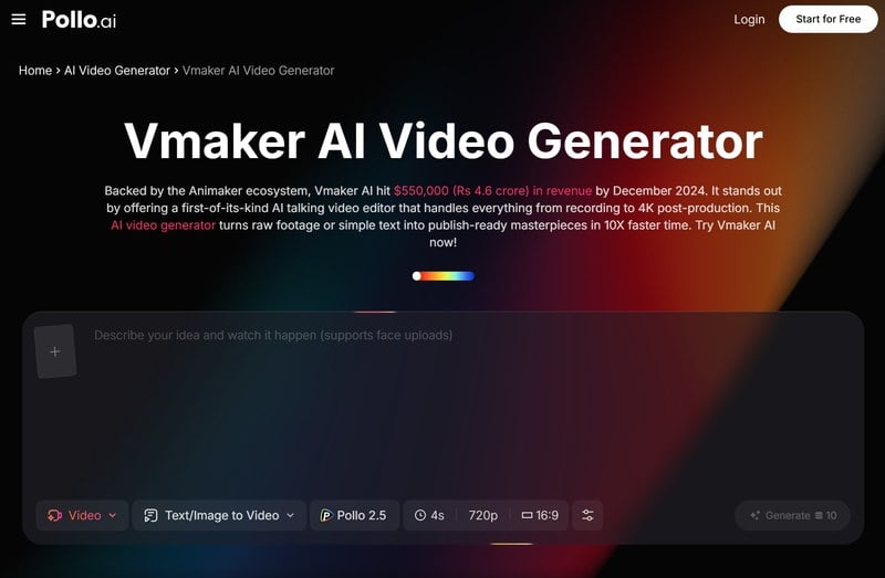 Vmaker AI Video Generator landing page on Pollo AI describing the AI talking video editor that handles recording through 4K post-production
