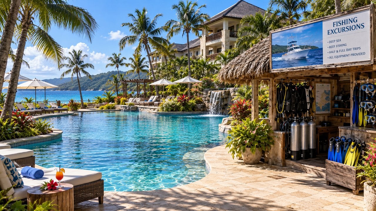 All-inclusive resort pool beside a fishing excursion and dive shop shack with scuba tanks and fins