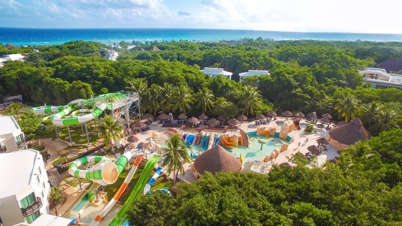 Aerial of the water park slides at Sandos Caracol Nature Resort and Water Park