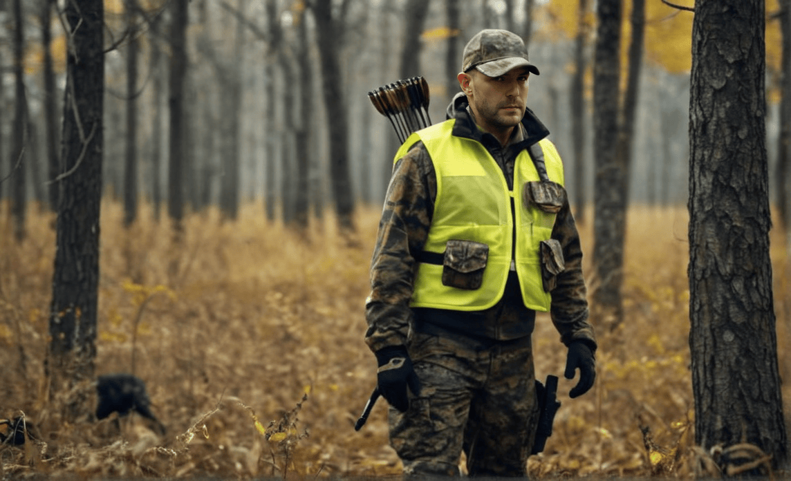 a hunter in the woods with a quiver of arrows and a handgun