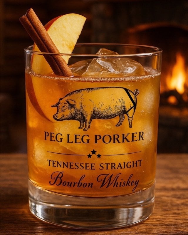 Apple Ember Mule in a Peg Leg Porker bourbon glass with apple and cinnamon
