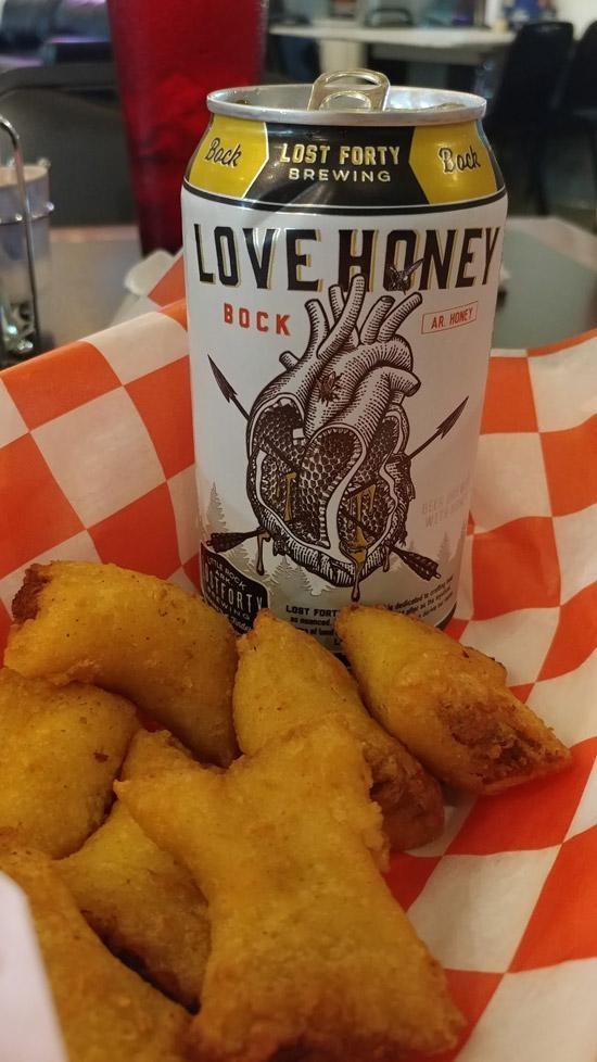 fried tamales and Love Honey beer 