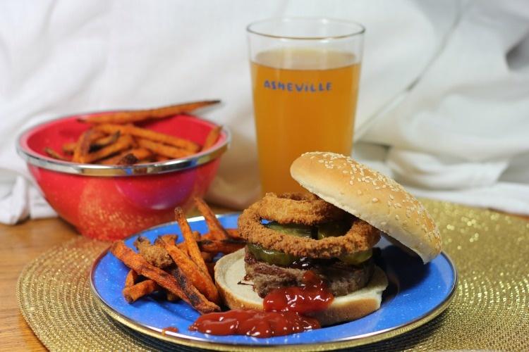 The Bachelor Burger - Featuring Alexia Onion Rings and Spicy Sweet Potato Fries