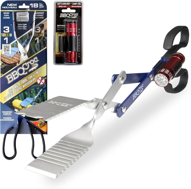 BBQ Croc 3-in-1 barbecue tool combining spatula tongs and scraper in 18-inch stainless steel