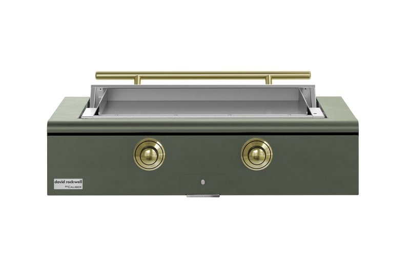 True Caliber Rockwell Social Griddle 42-inch open lid view in olive and brass finish