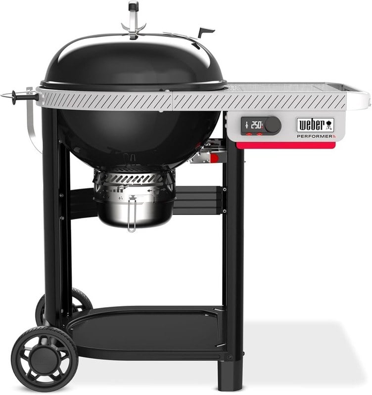 Weber Performer 22-inch Smart Charcoal Grill with kettle lid open showing cooking grate