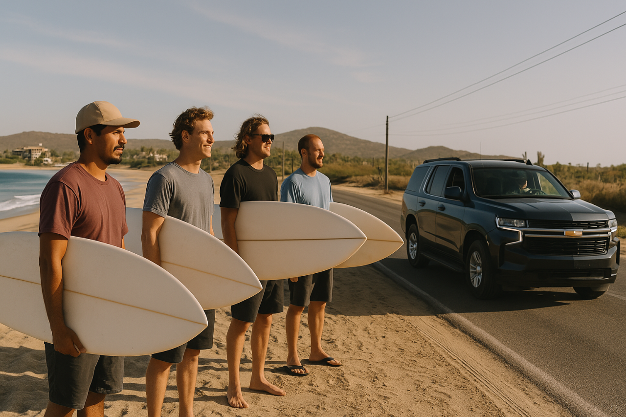 group of men on a surf road trip to baja mexico