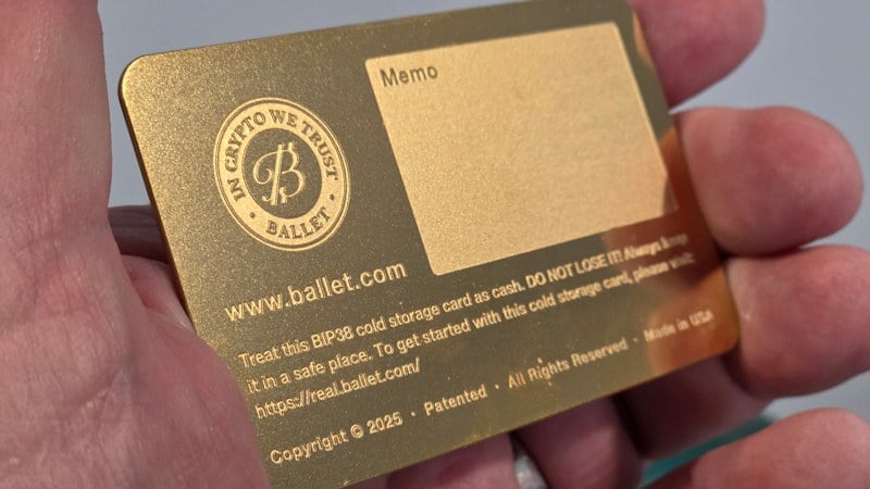 Back of Ballet REAL gold cold storage card showing memo field, BIP38 cash warning, Patented marking, and Made in USA stamp