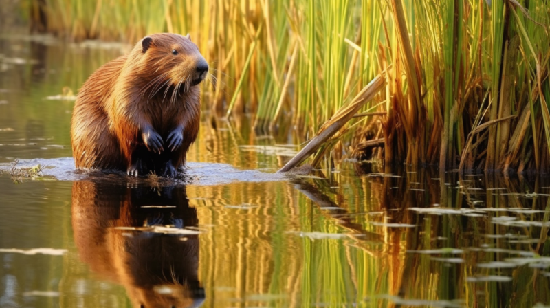 a beaver sitting in reeds