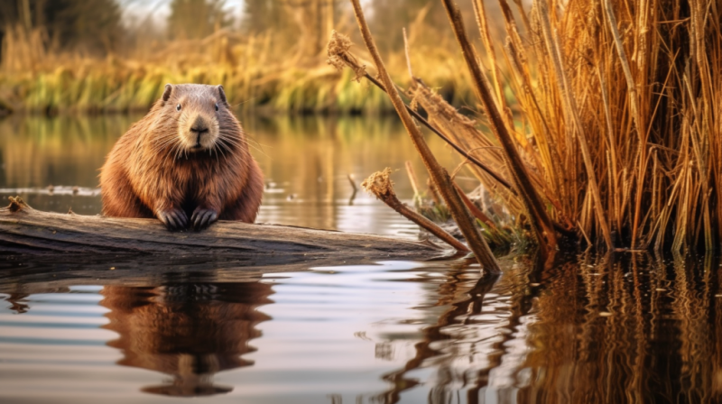 beaver sitting in some reeds on a log