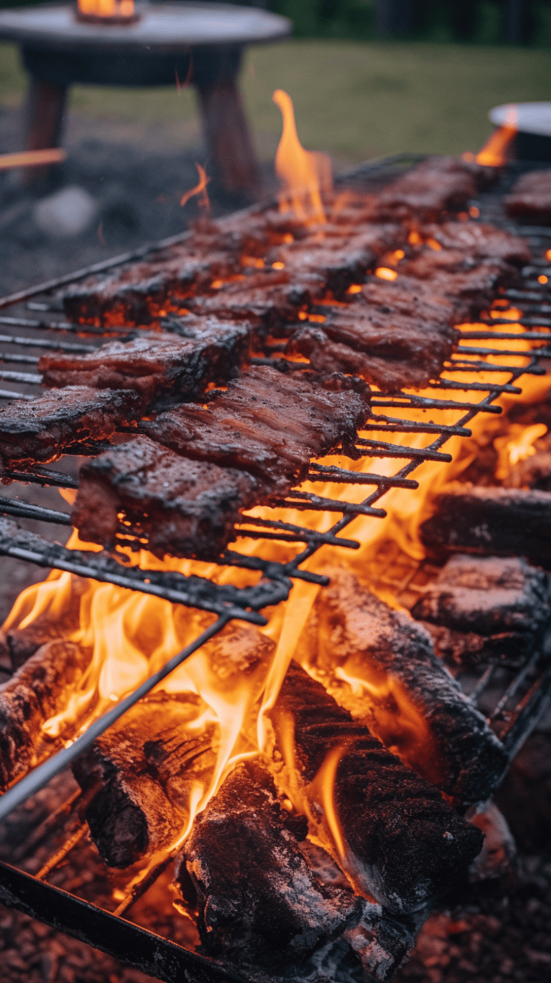 strips of beaver meat grilling on a camp fire