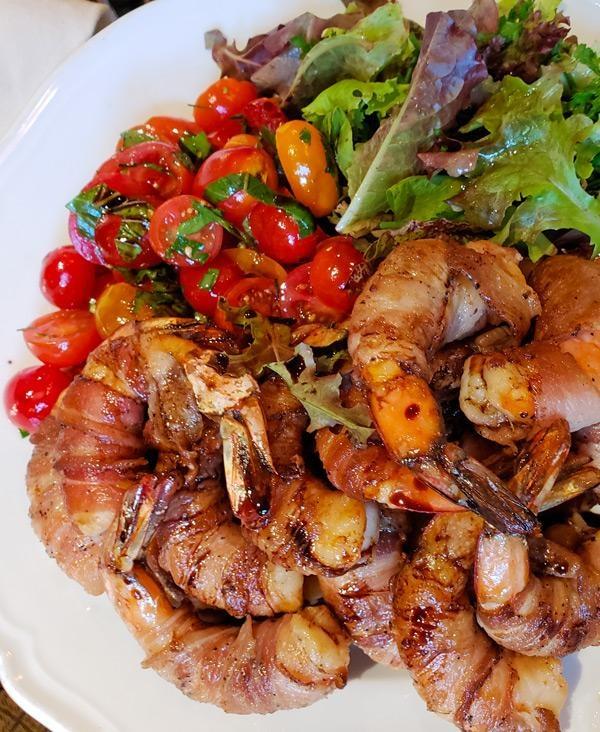 pancetta wrapped prawns herbed salad with balsamic reduction bernardus lodge