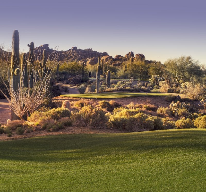 Desert golf hole framed by saguaros and boulders near Scottsdale, Arizona (photo credit: Fairmont Scottsdale Princess)