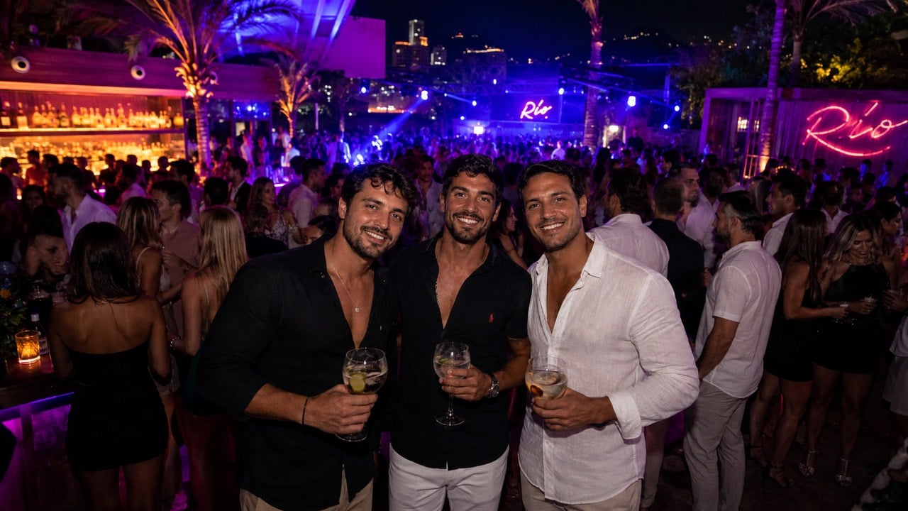 Three guys at an upscale Río nightclub in South America with cocktails, palm trees, and a packed crowd at night