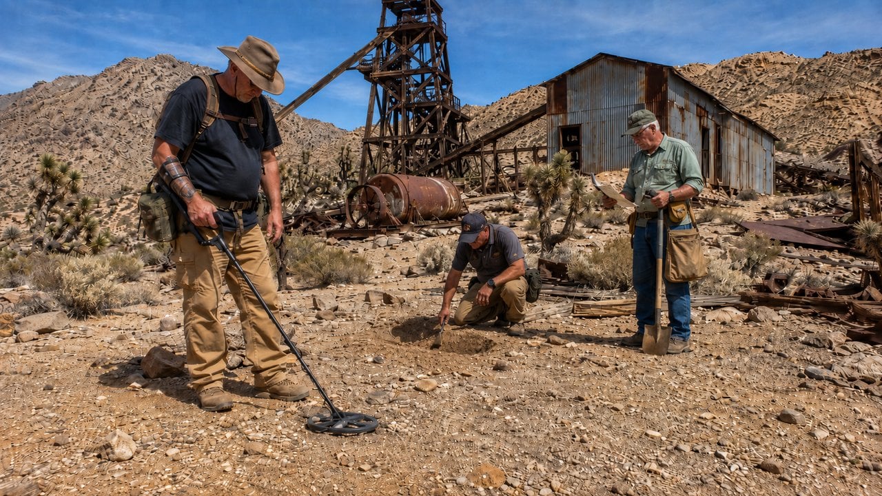 Three guys metal detecting and digging for treasure at an abandoned desert gold mine with a rusted headframe