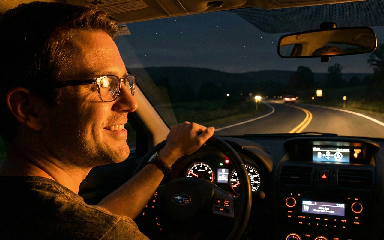 man with glasses driving at night