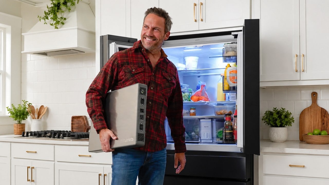 A man carries the slim 4Patriots Blackout Buddy emergency power supply past an open, fully stocked refrigerator in a bright kitchen