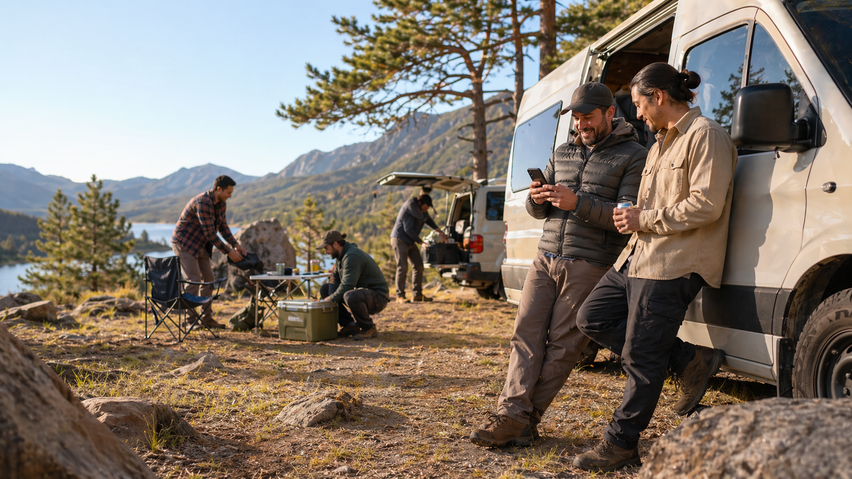 Guy using a tablet on the tailgate of an SUV at a mountain pullout during a road trip