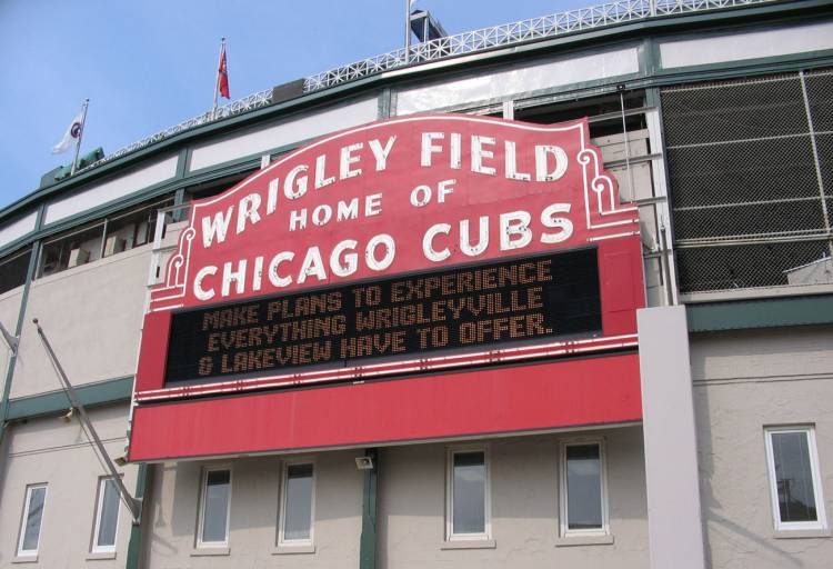 wrigley field sign daytime in chicago ill usa
